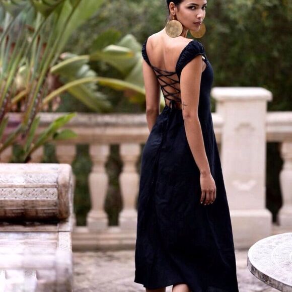 Zara Linen Blend Black Sleeveless Tie Back Midi Dress - Picture 9 of 9